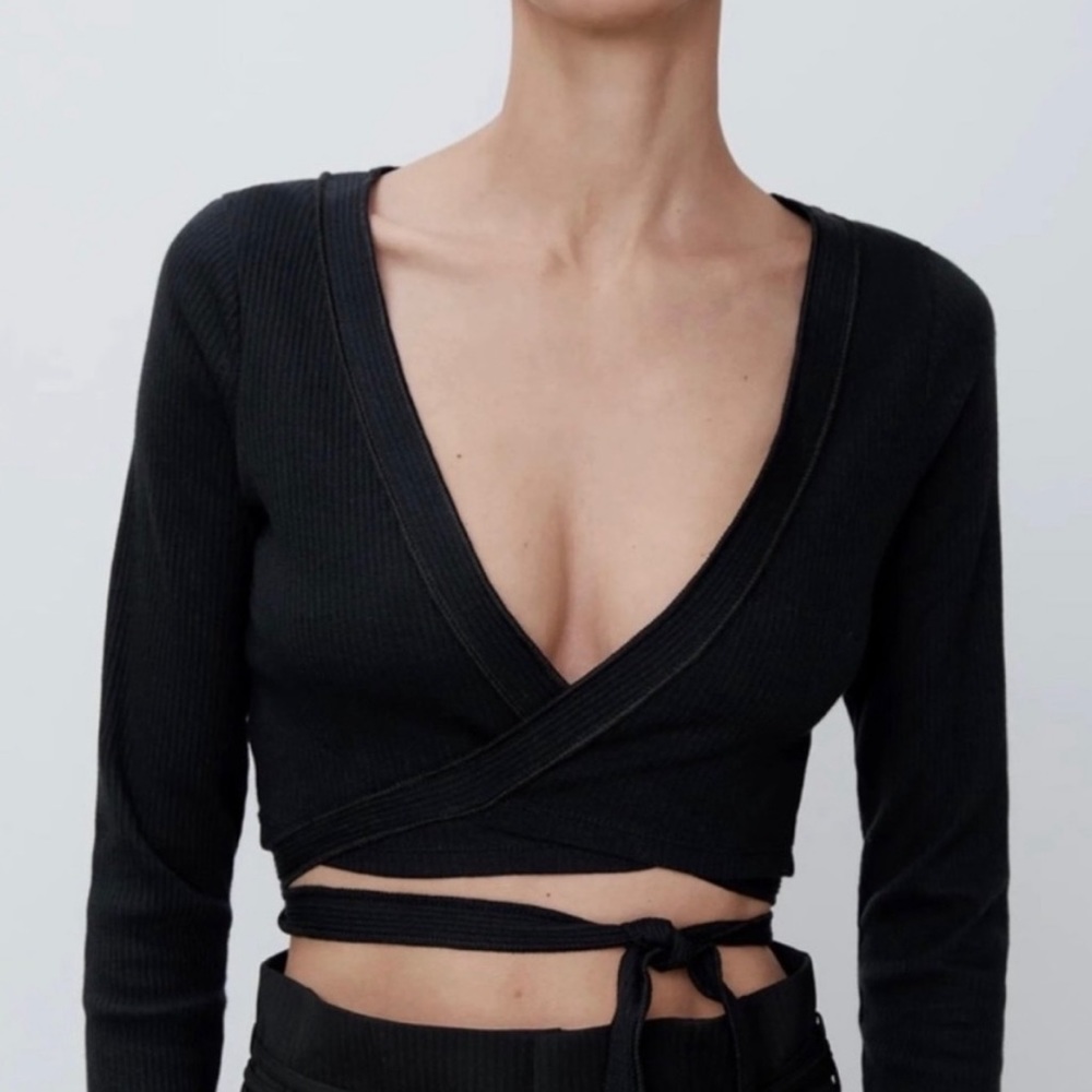 Zara black cropped wrap shirt